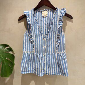 Sezane blue white stripe blouse sleeveless ruffle top - size small